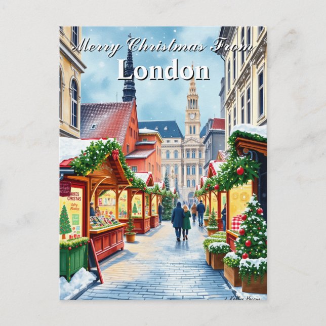 Cartão Postal Aquarela Mercado de Natal Londres Reino Unido Vint (Frente)