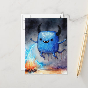 Cartão Postal Aquarela Monstro Azul Fofo e uma Fogueira