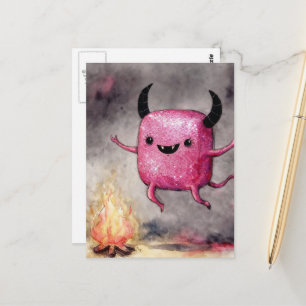 Cartão Postal Aquarela Monstro Cor-de-Rosa Brilhante e uma Fogue