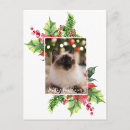 Cartão Postal Aquarela Natal verde com post de poinsettia