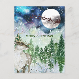 Cartão Postal Aquarela Natureza Papais noeis de Natal Reindeer D