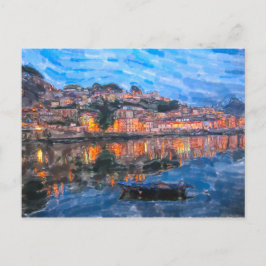 Cartão Postal Aquarela. Noite em Vila Nova de Gaia no Douro.