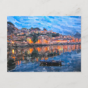 Cartão Postal Aquarela. Noite em Vila Nova de Gaia no Douro.