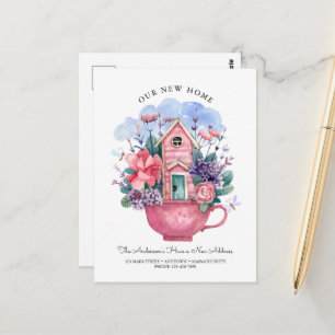 Cartão Postal Aquarela Nossa Nova Casa Xícara de Chá Rosa Floral