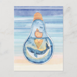 Cartão Postal Aquarela Oceano Lâmpada Baleia Jubarte Navio