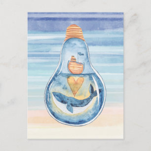 Cartão Postal Aquarela Oceano Lâmpada Baleia Jubarte Navio