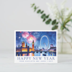 Cartão Postal Aquarela Personalizada Feliz Ano Novo Fogos de Lon