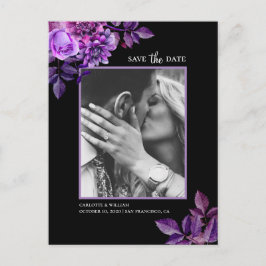 Cartão Postal Aquarela preto e roxo floral Save the Date