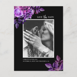 Cartão Postal Aquarela preto e roxo floral Save the Date