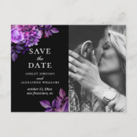 Aquarela preto e roxo floral Save the Date