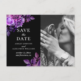 Cartão Postal Aquarela preto e roxo floral Save the Date