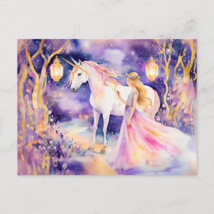 Cartão Postal Aquarela Princesa Linda e Unicórnio