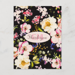 Cartão Postal Aquarela Rosas Rosa e Amarelo em Preto, Aniversári