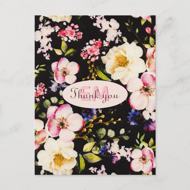 Cartão Postal Aquarela Rosas Rosa e Amarelo em Preto, Aniversári (Frente)