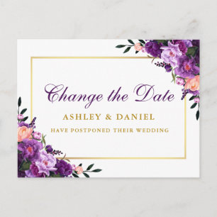 Cartão Postal Aquarela Roxo Floral Dourado Muda a Data