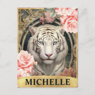 Cartão Postal Aquarela Tigre Branco Vintage e Rosas Pink