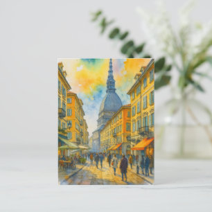 Cartão Postal Aquarela Turim Itália – Mole Antonelliana Cidade 