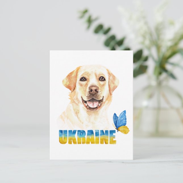 Cartão Postal Aquarela Ucrânia Labrador Amarelo e Borboleta   (Em pé/Frente)