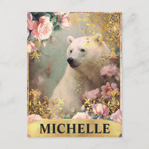 Cartão Postal Aquarela Urso Polar Vintage e Rosas Pink