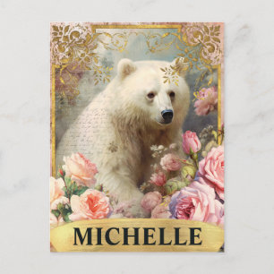 Cartão Postal Aquarela Urso Polar Vintage e Rosas Pink