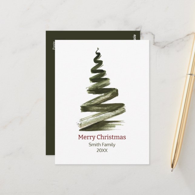 Cartão Postal Aquarela Verde-Árvore Elegante de Natal (Frente/Verso In Situ)