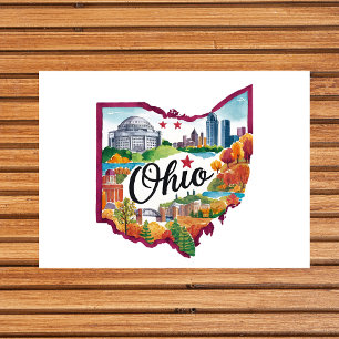 Cartão Postal Aquarela Vintage em forma do estado de Ohio EUA