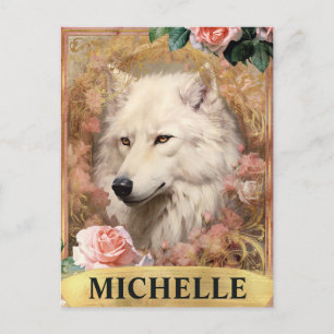 Cartão Postal Aquarela Vintage Lobo Branco e Rosas Pink