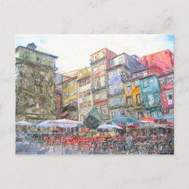 Cartão Postal Aquarela. Vista da cidade do Porto no Douro.