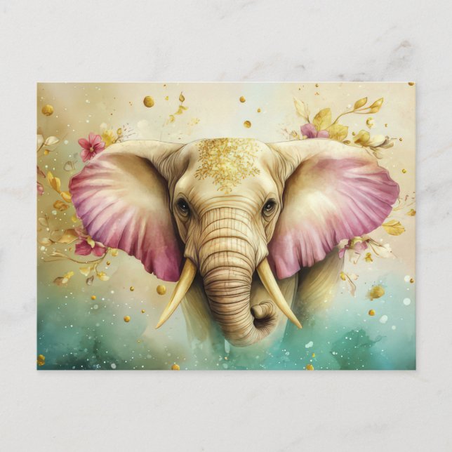 Cartão Postal Aquarell Illustration eines Elefanten mit Blumen (Frente)