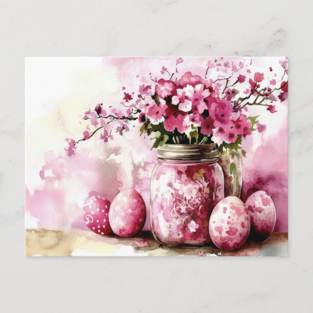 Cartão Postal Aquarell Oster Postkarte mit Ostereiern und Blumen (Frente)