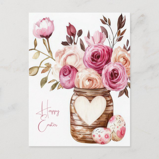 Cartão Postal Aquarell Oster Postkarte mit Ostereiern und Blumen (Frente)