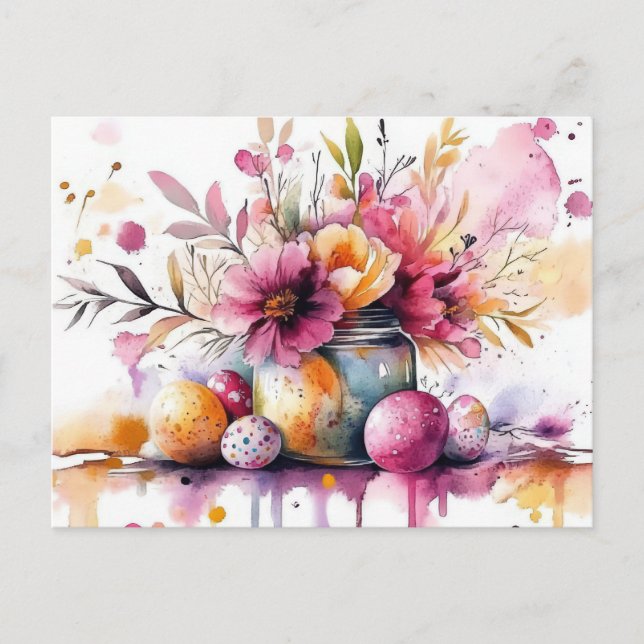 Cartão Postal Aquarell Oster Postkarte mit Ostereiern und Blumen (Frente)