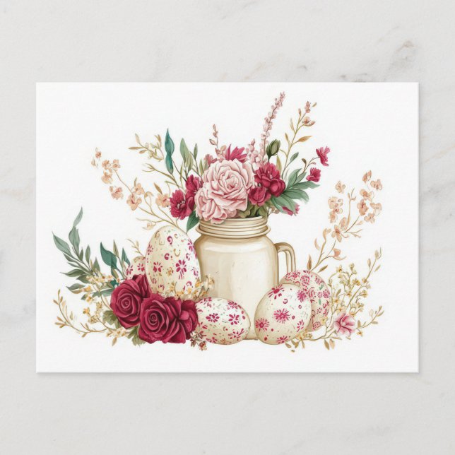 Cartão Postal Aquarell Oster Postkarte mit Ostereiern und Blumen (Frente)