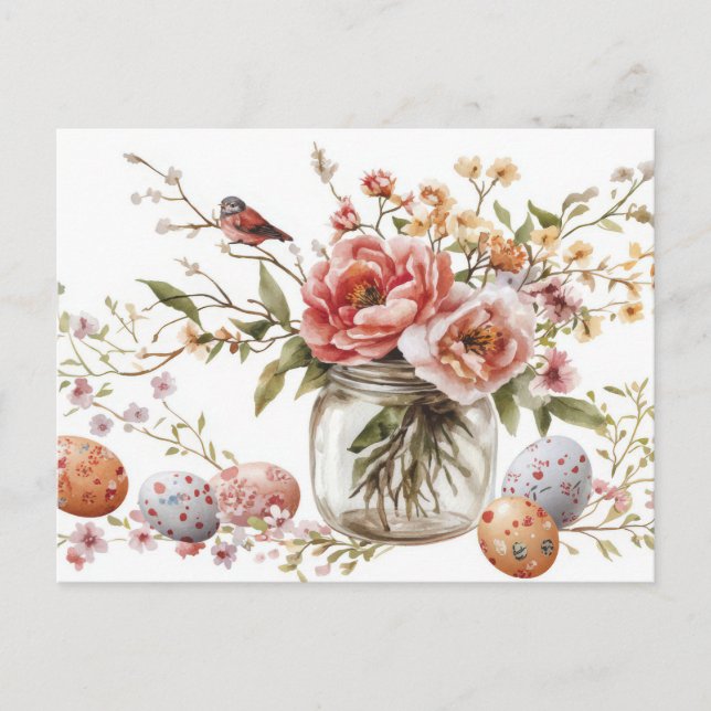 Cartão Postal Aquarell Oster Postkarte mit Ostereiern und Blumen (Frente)