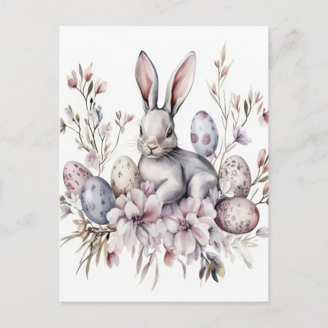 Cartão Postal Aquarell Oster Postkarte mit Osterhase und Blumen (Frente)