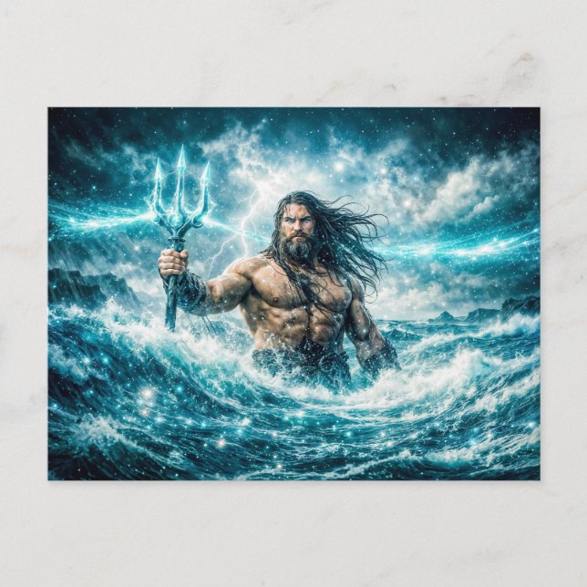Cartão Postal Aquarius Zodiac with Trident Warrior in Stormy Oce (Frente)