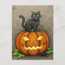 Cartão Postal Aranha Gato Preto Abóbora Postcard de Halloween