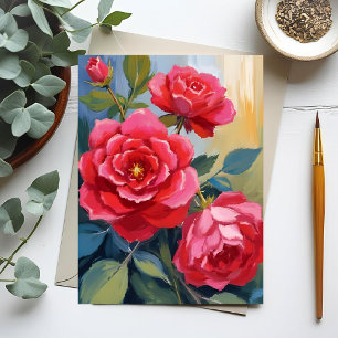 Cartão Postal Arbusto de Rosa Vermelha   Pintura Floral em Aquar