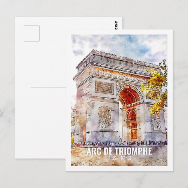 Cartão Postal Arc de Triomphe Paris Viagem Place Watercolor (Frente/Verso)