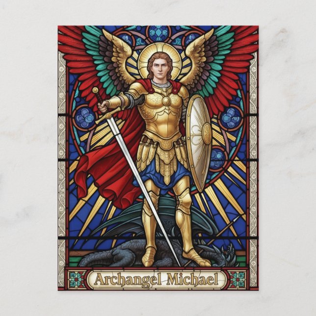 Cartão Postal Archangel Michael - Colorful Stained Glass Angel (Frente)