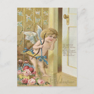 Cartão Postal Arco de Cupido Coração Rosas Rosa