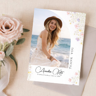 Cartão Postal Arco Floral de Foto de Graduação Obrigado Rosa