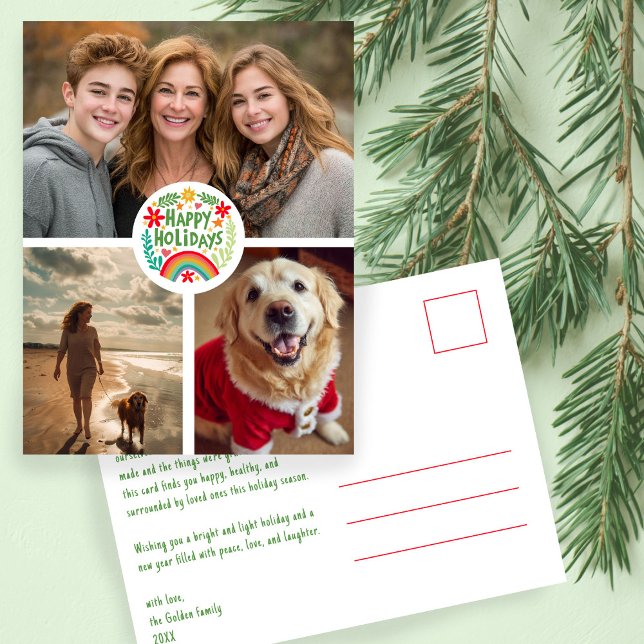 Cartão Postal Arco-íris Desenho à Mão Festa CUSTOM 3 FOTO (Rainbow Hand-Drawn Cute Holiday CUSTOM 3 PHOTO Christmas Postcard
)