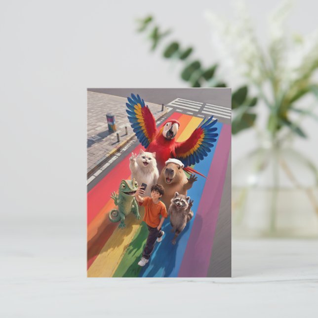 Cartão Postal Arco-íris do Menino Selfie (Em pé/Frente)