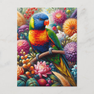 Cartão Postal Arco-Íris Lorikeet com Flores Coloridas