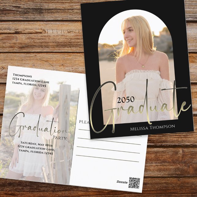 Cartão Postal Arco Preto Dourado com Script de Formando Dois Vel (Criador carregado)