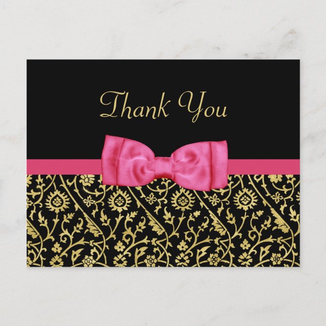 Cartão Postal Arco Rosa Dourado Chic Black Damask Obrigado (Frente)