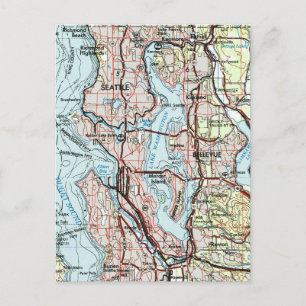Cartão Postal Área Metropolitana de Seattle Mapa Vintage Viagem