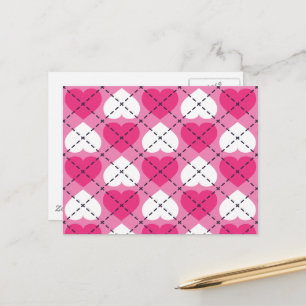 Cartão Postal Argyle com Corações Brancos e Rosa Quente