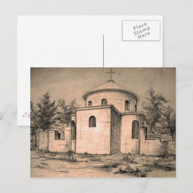 Cartão Postal Arquitetura Antiga Igreja Ortodoxa Desenhando Arte (Frente/Verso)